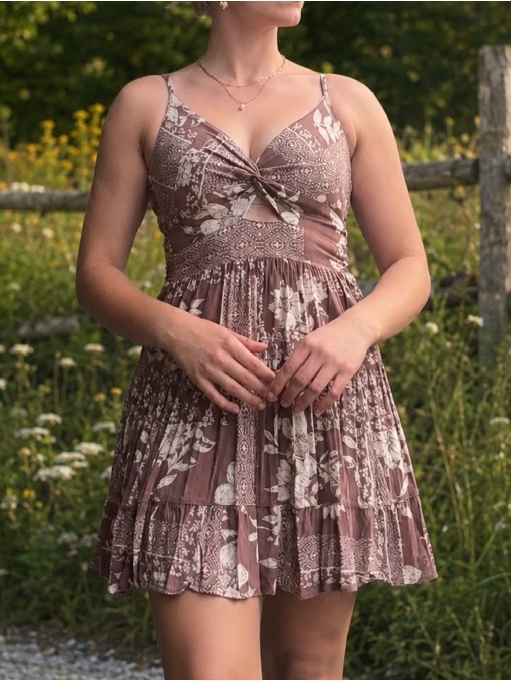 Angie Brown Floral Twist Front Cutout Tiered Mini Dress XS